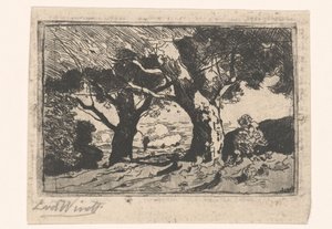 有两棵大树的景观 作者 Laurent van der Windt（艺术家签名）