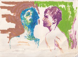 背靠背，2025 年（水彩纸上的丙烯画） 作者 