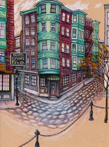 北广场餐厅，2025 年（色调纸上的彩色铅笔和墨水）