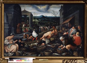 "三月"（三月）鱼群漫步的场景。莱安德罗-巴萨诺-达-庞特（1557-1622 年）的画作 尺寸：80x121 厘米 俄罗斯图拉国立艺术博物馆