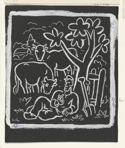 农民与牛群在草地上的树下休息 作者 Leo Gestel（艺术家签名）