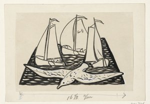 三艘帆船和一只海鸥 作者 Leo Gestel（艺术家签名）