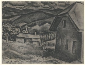 房屋前带着孩子的妇女与风景 作者 Leo Gestel（艺术家签名）