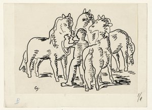 牵着三匹马的男人 作者 Leo Gestel（艺术家签名）