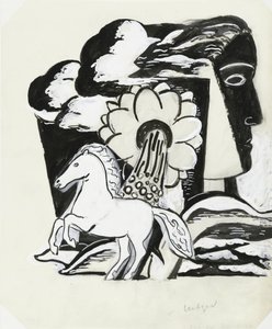奔马、花和头（素描） 作者 Leo Gestel（艺术家签名）