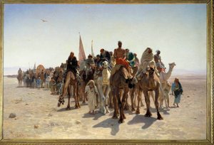 Pelerins 从沙漠中骑骆驼的旅行者前往麦加 Carvane。 绘画由 Leon Auguste Adolphe Belly (1827-1877) 1861 年 1,6x2,4 m 巴黎，奥赛博物馆