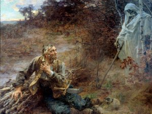 死亡与樵夫寓言的插图 作者 Jean de La Fontaine (1621-1695) Leon Augustin Lhermitte (1844-1925) 绘画，1893 年，2.06 x 2.42 米，蒂埃里城堡，博物馆 La Fontaine - 死亡和伐木者。 让·德拉的寓言插图