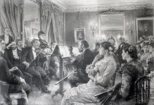 1881年阿玛瑞杜瓦尔之家的四重奏或音乐晚会（纸上的木炭） 作者 莱昂·奥古斯丁·莱米特