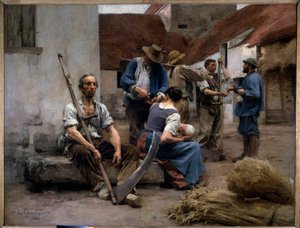 农场里农民收割机的工资单，其中一个持有假货。 Leon Augustin Lhermitte (1844-1925) 的画作，1882 年 2,15x2,72 m 巴黎，奥赛博物馆
