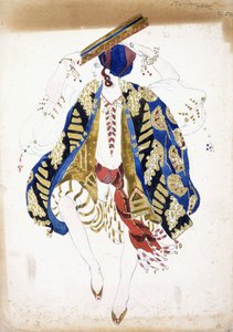 “ Danse Juive”中一位男舞者的服装设计，穿着短衫和头巾，演奏手鼓， 作者 莱昂·巴克斯特
