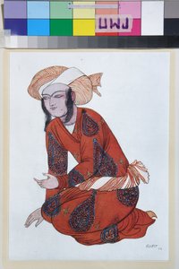 尼古拉-里姆斯基-科萨科夫（Rimsky-Korsakov）（1844-1908 年）的芭蕾舞剧《谢赫拉莎德》的服装设计 - 莱昂-巴克斯特（1866-1924 年）的作品，1922 年石版画 - （尼古拉-里姆斯基-科萨科夫（Rimsky-Korsakov）的芭蕾舞剧《谢赫拉莎德》的服装设计，莱昂-巴克斯特（1866-1924 年）的作品，1922 年石版画）。 作者 莱昂·巴克斯特