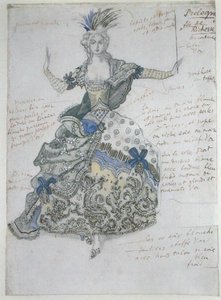La Belle au Bois Dormant，"La Fee de Richesse "的服装设计（纸上水彩，铅笔，白色和金色加高）。 作者 莱昂·巴克斯特