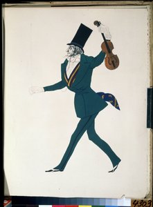尼科洛-帕格尼尼（1782-1840 年），为弗雷德里克-肖邦（1810-1849 年）的芭蕾舞剧《魔幻之夜》设计服装。莱昂-巴克斯特（1866-1924 年）的绘画作品。纸面水粉和墨水 作者 莱昂·巴克斯特