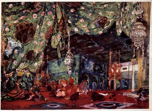 莱昂-巴克斯特（1866-1924）为尼古拉斯（尼古拉）-里姆斯基-科萨科夫（Rimski-Korsakov）（1844-1908）的歌剧《谢赫拉扎德》（Sheherazade）作场景设计，俄罗斯画家和装饰家。 作者 莱昂·巴克斯特