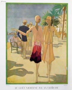 时尚人士在戛纳的 Croisette 长廊漫步，《Femina》杂志插图，1927 年圣诞节（彩色平版） 作者 莱昂·贝尼尼