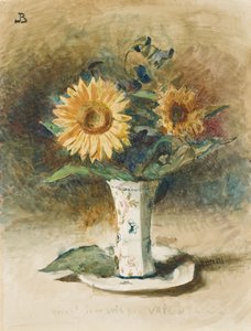 嗨!Je ne suis pas Van Dyck: 花瓶里的两朵向日葵（黑粉笔，水彩，铺在画板上）。 作者 莱昂·约瑟夫·弗洛伦汀·波纳特