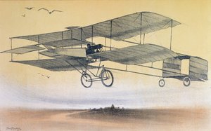 1914年前法尔曼兄弟的一次飞行（彩色平版印刷）。