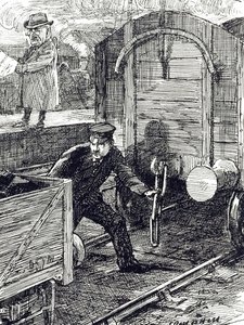一幅评论铁路工人事故的漫画。由伦纳德-雷文-希尔（1867-1942 年）绘制，英国艺术家、插图画家和漫画家，20 世纪