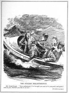 被描述为救生艇水手的劳埃德乔治面临着他的1911年“国民保险法”的反对