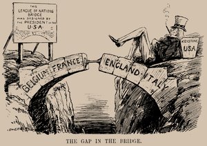 桥上的缝隙。关于美国没有参加国际联盟的漫画，1919年12月。