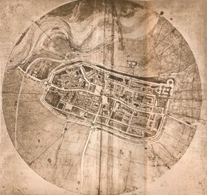 代表意大利伊莫拉镇的地图，大约1147年至1515年 作者 达芬奇（Leonardo da Vinci）