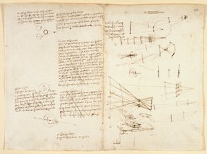 Arundel 263 f.115v, f.112 关于眼睛特性的笔记、素描和图表，约 1490 年（纸张上的钢笔和墨水） 作者 达芬奇（Leonardo da Vinci）