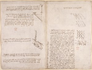Arundel 263，f.120v，f.121 关于液体速度的力学笔记和图表，约 1503-6（纸张上的钢笔和墨水） 作者 达芬奇（Leonardo da Vinci）