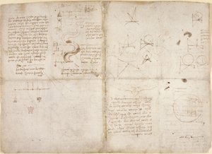 Arundel 263， f.135v， f.134，关于力学的注释和图表；关于河道和水流的注释和示意草图，选自 "Codex Arundel"，约 1503 年（纸上钢笔和墨水）。 作者 达芬奇（Leonardo da Vinci）