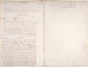 Arundel 263，f.166v，f.163 关于鸟类飞行的注释和图表，出自《阿伦德尔法典》，约 1500-5 年（纸上钢笔和墨水） 作者 达芬奇（Leonardo da Vinci）