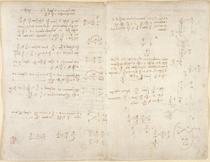 Arundel 263，f.220v，f.221，注释；数学计算，选自 "Codex Arundel"（纸上钢笔和墨水）。 作者 达芬奇（Leonardo da Vinci）