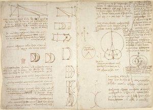 Arundel 263，f.222v，f.219，关于机械力和力、打击乐、重力、运动、光学和天文学的图画，以及各种算术和几何命题（纸上的钢笔和墨水） 作者 达芬奇（Leonardo da Vinci）