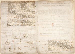 Arundel 263，f.266v，f.267 宇宙学笔记（上下颠倒）；莱昂纳多观察重心的示意图，出自 "Codex Arundel"，约 1506-8 年（纸上钢笔和墨水） 作者 达芬奇（Leonardo da Vinci）