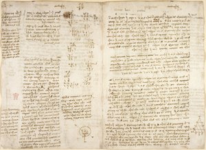Arundel 263, f.279v f.280, 题为 "prespectiva "的笔记、数学计算和图表，关于 "苛性 "金字塔、力学（参考阿基米德）、天文学和力学，约 1515 年（纸上的钢笔和墨水）。 作者 达芬奇（Leonardo da Vinci）