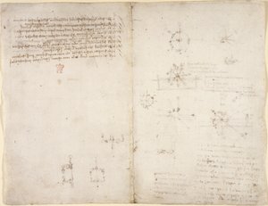 Arundel 263，f.35v，f.34 关于机械力和力、打击乐、重力、运动、光学和天文学的图画，以及各种算术和几何命题。 作者 达芬奇（Leonardo da Vinci）