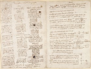 Arundel 263，f.42v，f.43 来自 "Codex Arundel "的莱昂纳多预言短文（"Profetie"）（纸上钢笔和墨水）。 作者 达芬奇（Leonardo da Vinci）