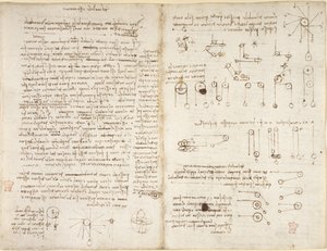 Arundel 263，f.43v，f.42，关于机械的注释和图表，题为 "Del mobile essu motore"，选自 "Codex Arundel"（纸上的钢笔和墨水） 作者 达芬奇（Leonardo da Vinci）