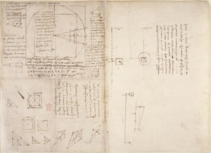 Arundel 263，f.72v，f.69 关于力学和重心的注释和图表，出自 "Codex Arundel"，约 1503-5（纸上钢笔和墨水）。 作者 达芬奇（Leonardo da Vinci）