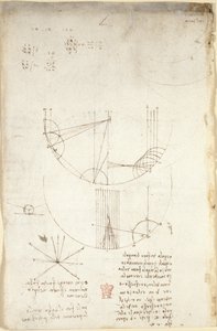 Arundel 263, f.85v 关于光学的图表，涉及反射的苛性；关于力学的注释和草图，涉及打击乐的力量，并提到亚里士多德的原则 "ogni attione facta dalla natura è facta nel più brieve modo"、 作者 达芬奇（Leonardo da Vinci）