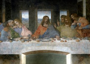 Cene (Il Cenacolo (Ultima Cena)) 的细节代表在左边的 Apoles 犹大、彼得和约翰、基督在中心和 Apoles 托马斯、少校詹姆斯和菲利普。 约翰和基督之间的字母 V 指的是圣杯或圣杯 作者 达芬奇（Leonardo da Vinci）