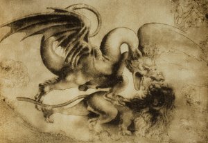 龙杀死了一只狮子，由莱昂纳多达芬奇画。内阁图纸和版画，乌菲齐画廊，佛罗伦萨 作者 达芬奇（Leonardo da Vinci）
