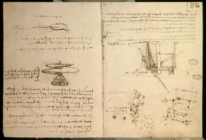 飞行器，直升机状飞行器的第一批图纸之一，c。 1487 作者 达芬奇（Leonardo da Vinci）