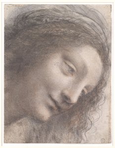 处女的头，1508-1512（黑色粉笔，木炭和红色粉笔，卡上有一些白色粉笔痕迹） 作者 达芬奇（Leonardo da Vinci）