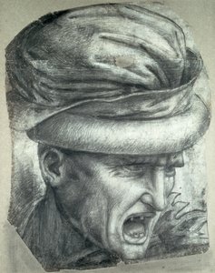 战士的头，来自&39;Anghiari之战&39;的细节复制品（纸上的黑色粉笔） 作者 达芬奇（Leonardo da Vinci）