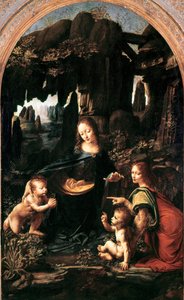 岩石上的圣母，约 1483-94 年（转印到画布上的油画板） 作者 达芬奇（Leonardo da Vinci）