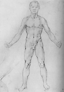 裸体男人伸出双臂，从正面看，c1480 1945