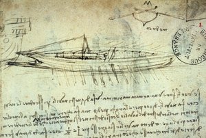 列奥纳多·达·芬奇 (Leonardo da Vinci) (1452 - 1519) 对配备一系列桨的船的研究。 用钢笔和墨水绘图。 手稿。 法兰西学院图书馆。 巴黎。 作者 达芬奇（Leonardo da Vinci）