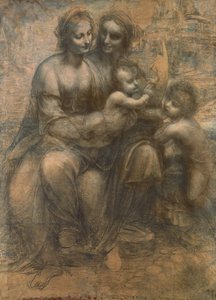 圣母子与圣安妮和婴儿的施洗者圣约翰，约1499-1500年（木炭用纸上的白粉笔加高，装在画布上）