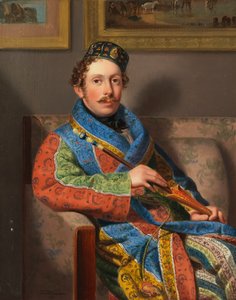 穿着烟熏长袍的年轻绅士，1830年。