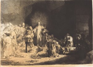 基督传道（百家讲坛）》（The Hundred Guilder Print）。 作者 伦勃朗·范·莱恩之后的利奥波德·弗拉蒙