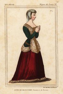 安妮·罗吉尔·德·博福特 (Anne Rogier de Beaufort)，蒂雷纳 (Turenne) 女伯爵，1435-1479 年。 罗杰·德·盖尼埃 (Roger de Gaignieres) 的作品集 VI 11 中，科德利埃·德·南特 (Cordelieres de Nantes) 教堂不锈钢玻璃窗后的手绘石版画，来自 Le Bibliophile Jacob 又名 Paul Lacroix 的《服装历史》 作者 利奥波德·马萨德（Leopold Massard）